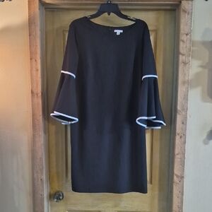Cato Chic Black Dress with Long Bell Sleeves  White Trim Size 16 Plus Midi
